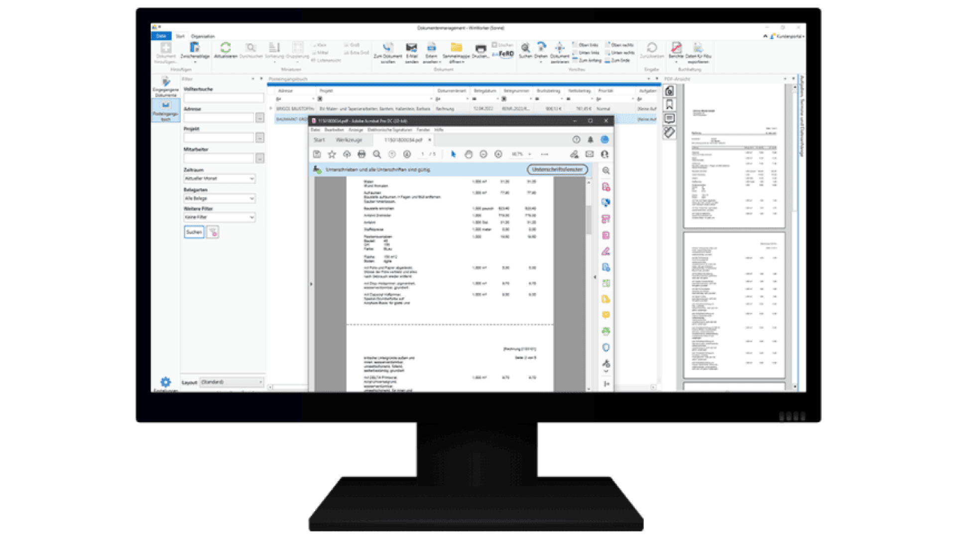A computer monitor displays document management software with a PDF invoice open in the center of the screen, surrounded by menus, toolbars, and a preview of other documents.