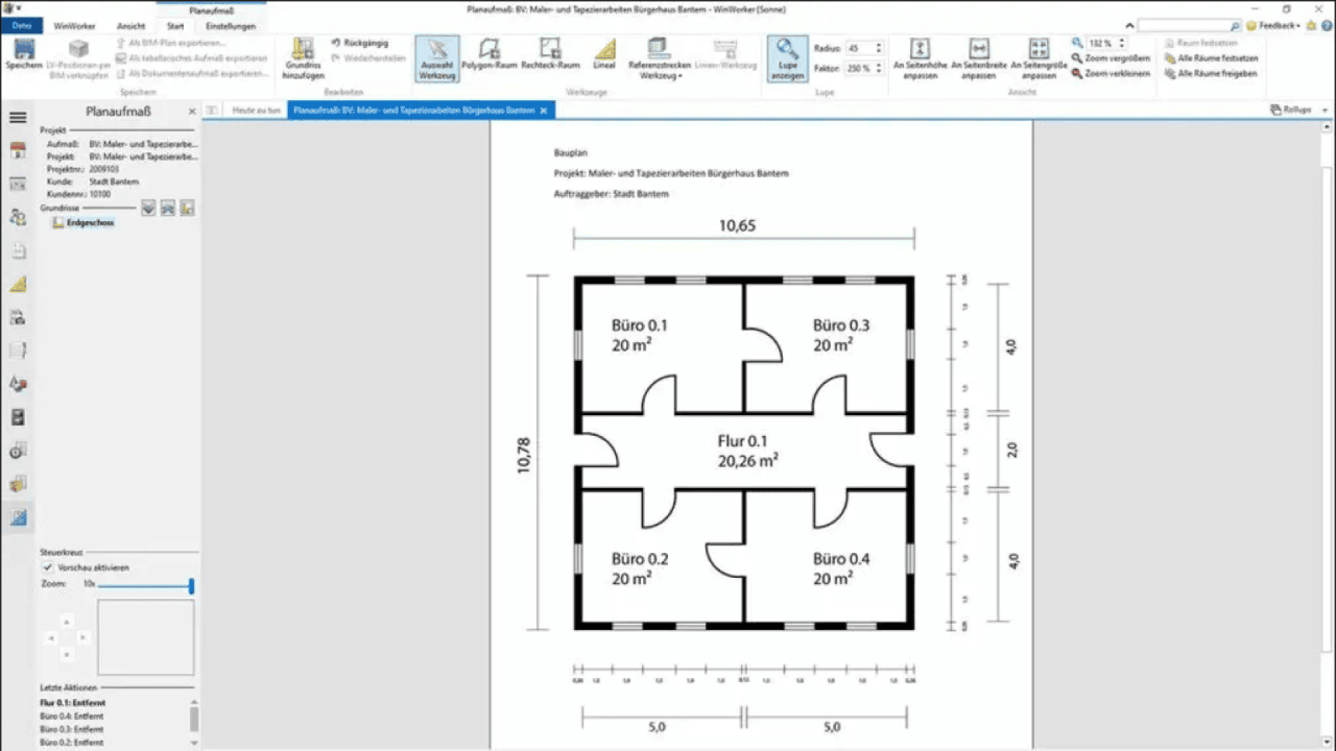 A screenshot of a floor plan diagram in German, showing four offices (Büro 0.1 to Büro 0.4) and a central corridor (Flur 0.1) with measurements along the sides. The software interface is visible at the top.