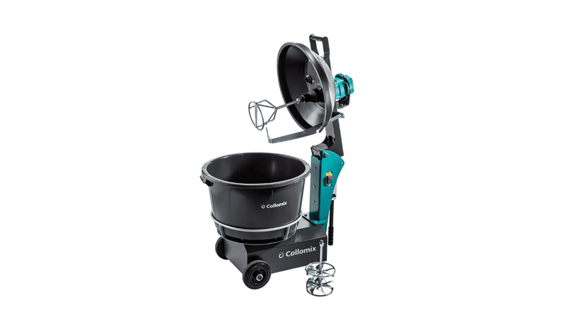 A Collomix electric mortar mixer with an open mixing tub, handheld motor with attached mixing paddle, wheels for mobility, and an extra paddle placed at the base, isolated on a white background.
