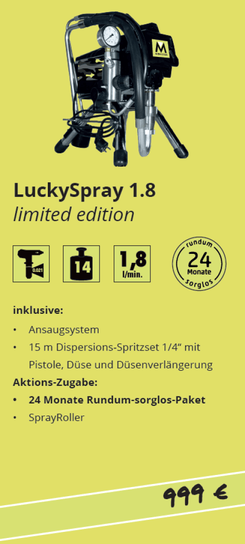 Promotional flyer for the LuckySpray 1.8 limited edition spray machine, showing the device, features, and a price of 999 euros. Includes details like flow rate, 24-month service, and accessories. Yellow background.