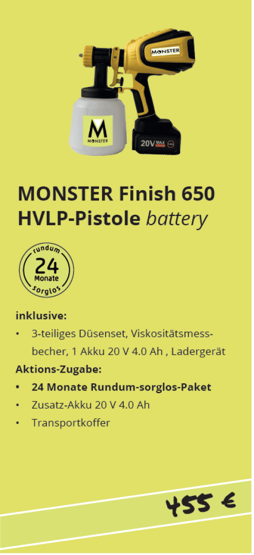 A yellow and black MONSTER Finish 650 HVLP battery spray gun kit is shown with its components. The text highlights features, accessories, a 24-month worry-free package, and the price of 455 euros.