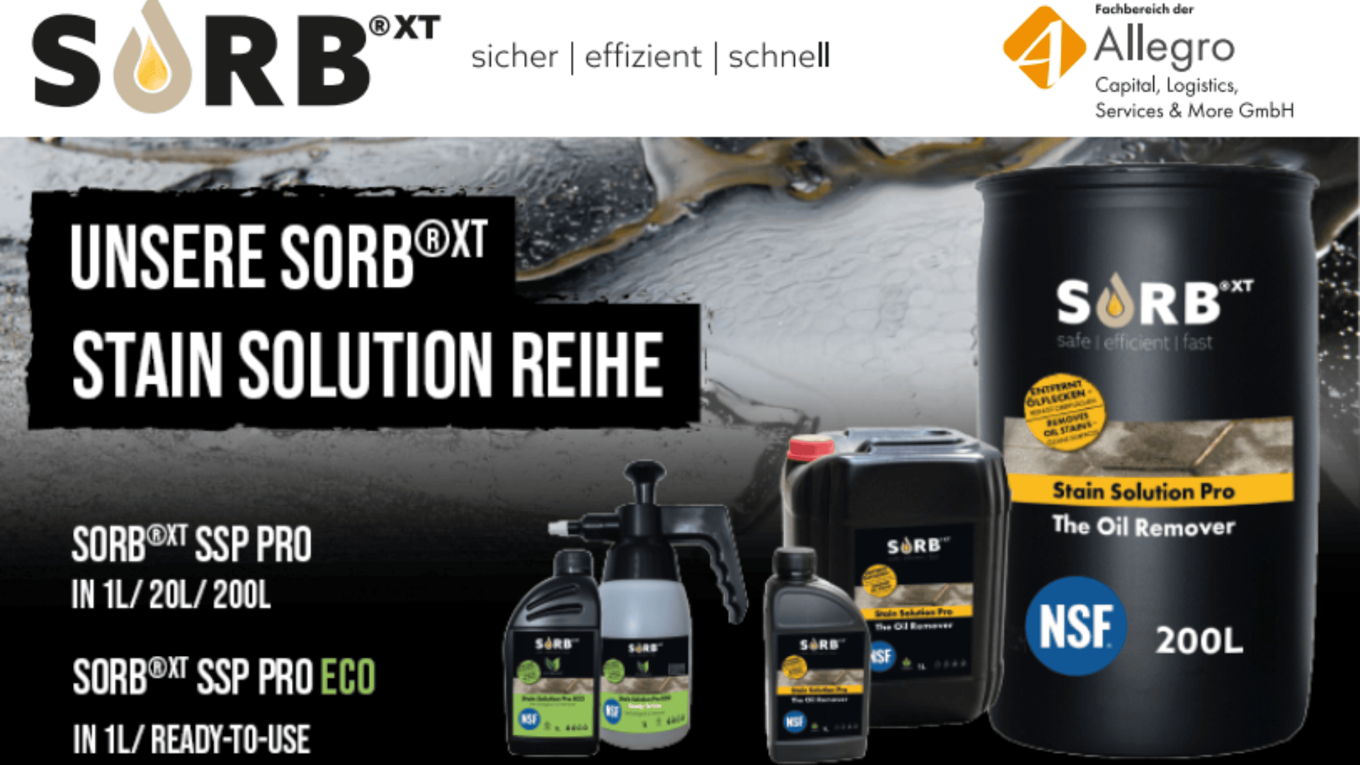 Promotional image for SORB®XT oil remover products, featuring containers of various sizes and labels in German, highlighting efficiency and availability in standard and eco-friendly versions. Allegro company logo is present.