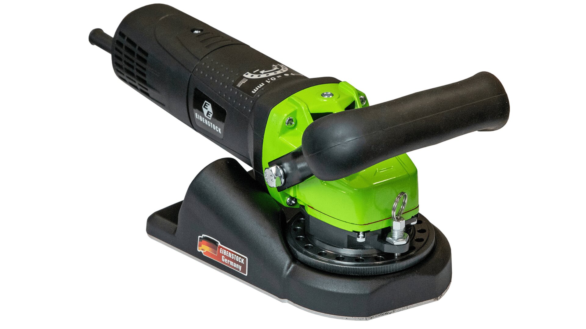 Eine schwarz-grüne elektrische Handschleifmaschine mit seitlichem Griff auf weißem Hintergrund. Das Gerät verfügt über einen strukturierten Griff, ein Netzkabel und einen Sockel mit dem Etikett „Electric Dustless“.