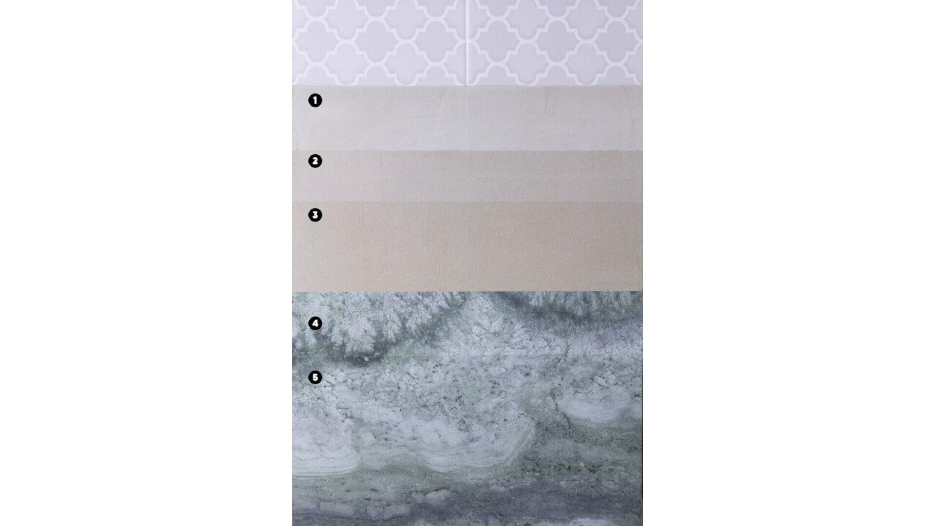 A vertical sample chart showing five different tile patterns, each labeled 1 to 5. The top pattern is geometric, the middle three are solid neutrals, and the bottom is a marble-like gray and white texture.