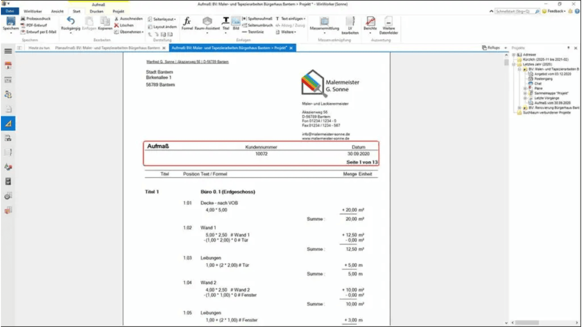 A digital invoice in German is displayed on a computer screen, showing itemized services, prices, customer, and invoice numbers, with a logo and contact details at the top center.