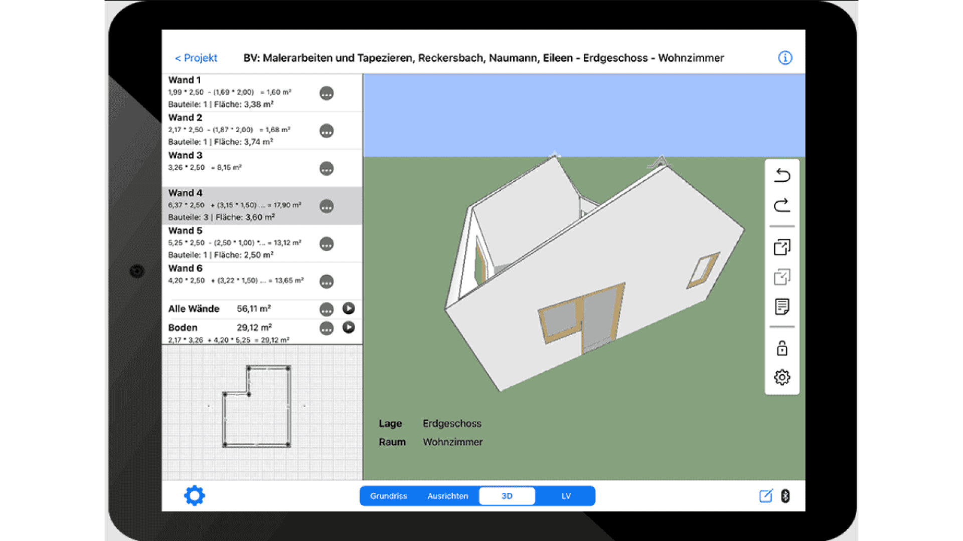 A tablet screen displays 3D home design software with a partially completed house model. The left panel lists wall dimensions and details, while the main area shows the 3D floor plan and structure.