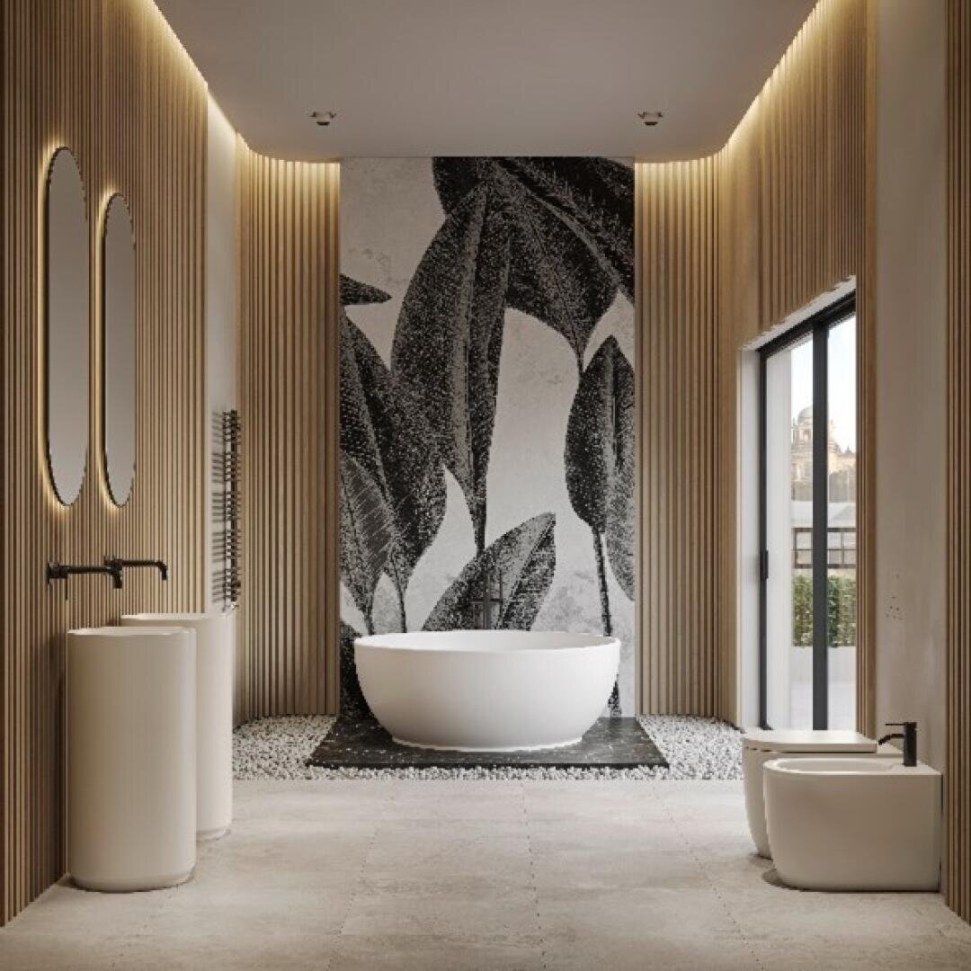 Modernes Badezimmer mit freistehender weißer Badewanne, Doppelwaschbecken, Bidet und großem Wandbild mit Blättermuster. Warme Holzvertäfelungen und raumhohe Fenster schaffen eine helle, elegante Atmosphäre.