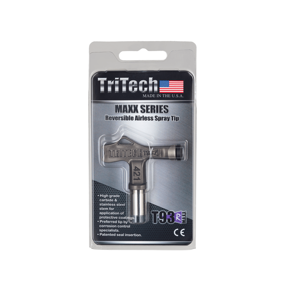 TriTech T93R Maxx Series reversible airless spray tip in retail packaging, labeled “Made in the USA” with an American flag and product features highlighted on the front.