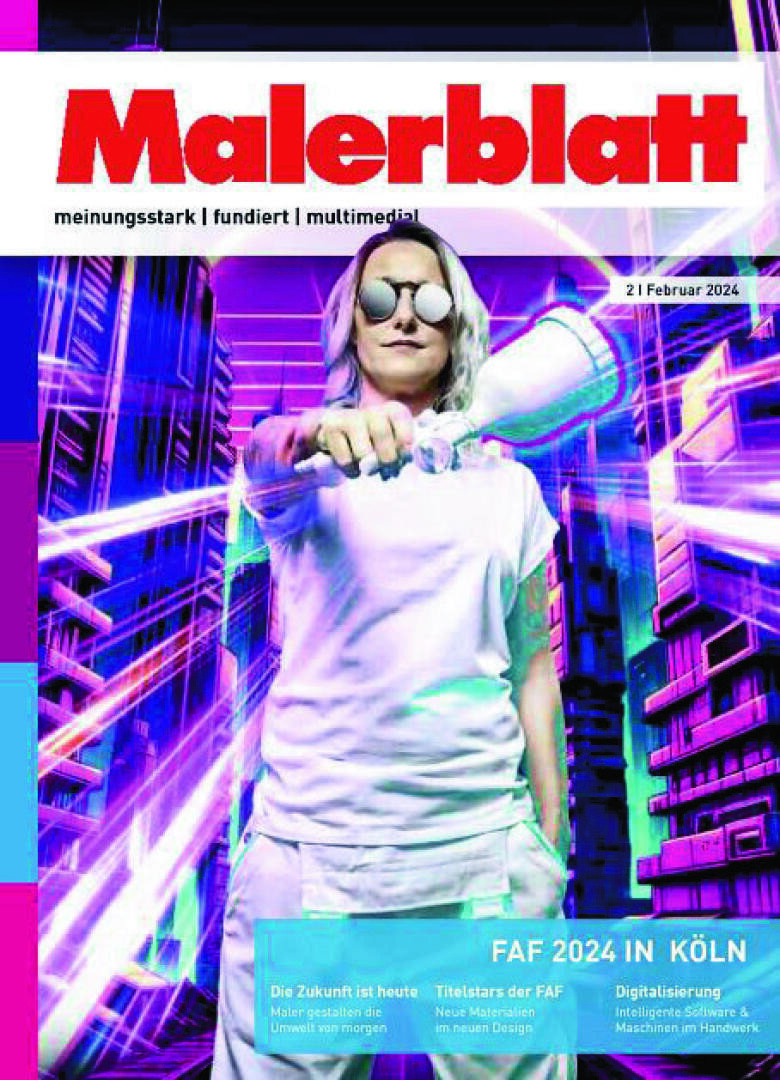 Eine Frau mit Sonnenbrille und weißer Kleidung hält eine Farbrolle vor einem leuchtend lila-pinken Hintergrund. Oben steht der Zeitschriftentitel „Malerblatt“, darunter verschiedene Artikelüberschriften und „FAF 2024 IN KÖLN“.