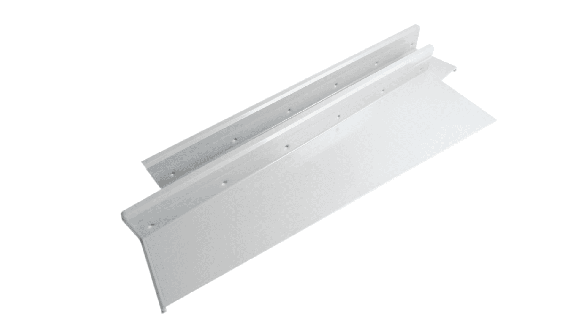A white metal bracket or panel with angled edges and pre-drilled holes, displayed on a white background.