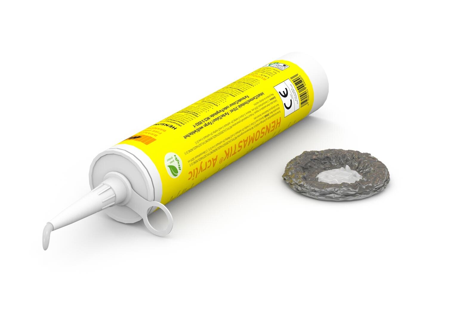 A yellow tube of adhesive sealant with a white nozzle lies next to a crumpled gray foil seal with some sealant residue on it, both on a white background.