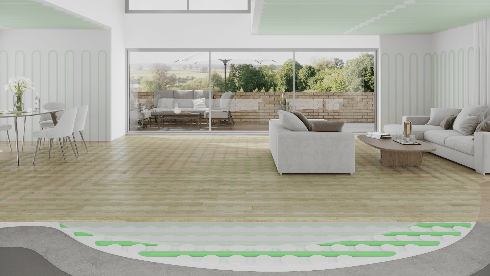 A modern living and dining area with large windows and a patio view. The floor is shown in cutaway to reveal an underfloor heating system with green and white piping beneath the wood flooring.