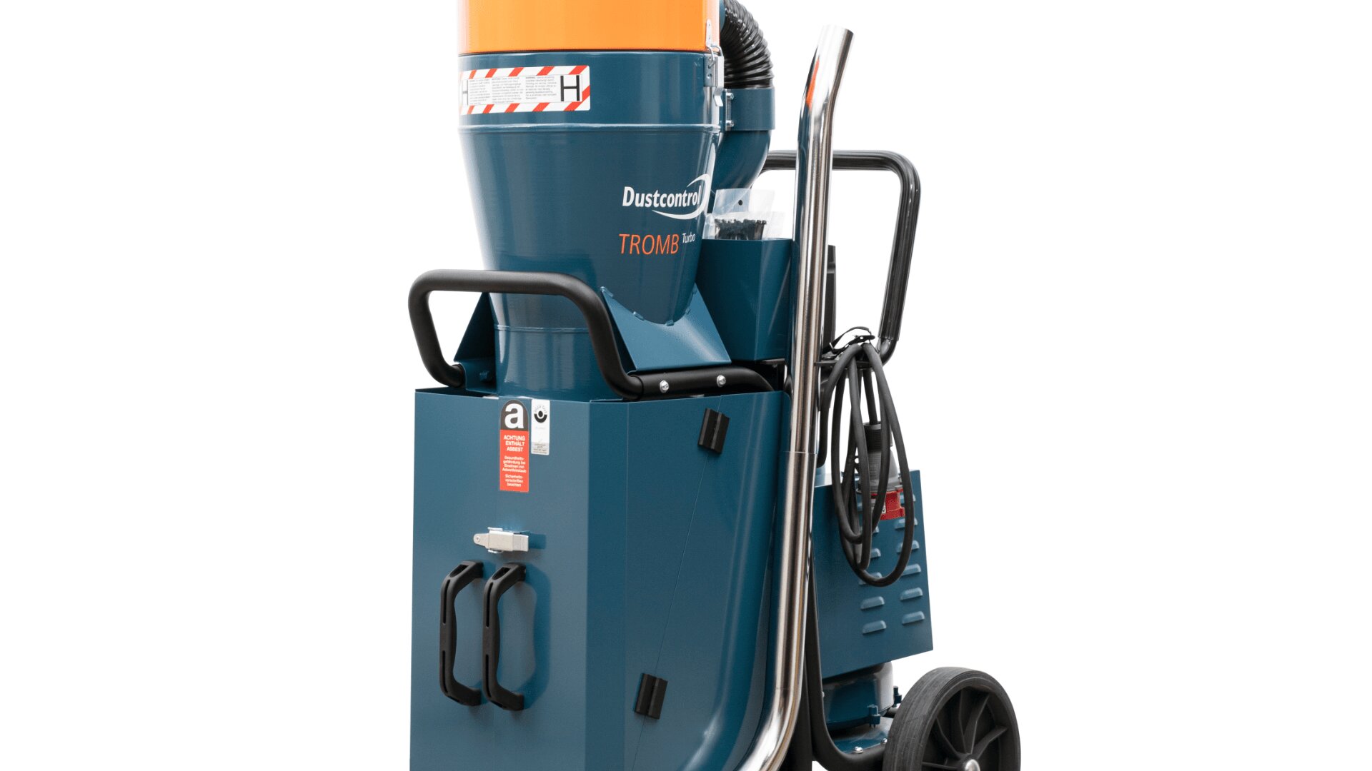 Ein blau-orangefarbener Industriestaubsauger mit Rädern, Griffen, einem großen Schlauch und einem Kabel, der für die Hochleistungs-Staubsaugersammlung konzipiert ist.