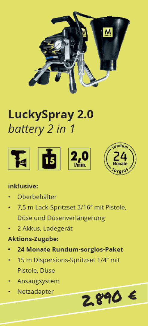 A promotional flyer for the LuckySpray 2.0 paint sprayer, showing the device and listing features such as battery use, 2.0 l/min speed, 15 bar pressure, and a 24-month all-inclusive package. Price: 2,890 euros.