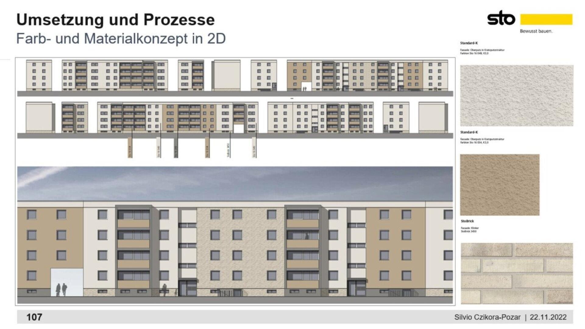 Architectural diagram showing color and material concepts for building facades, featuring elevation views of an apartment complex and material samples of three different wall textures on the right, labeled in German.
