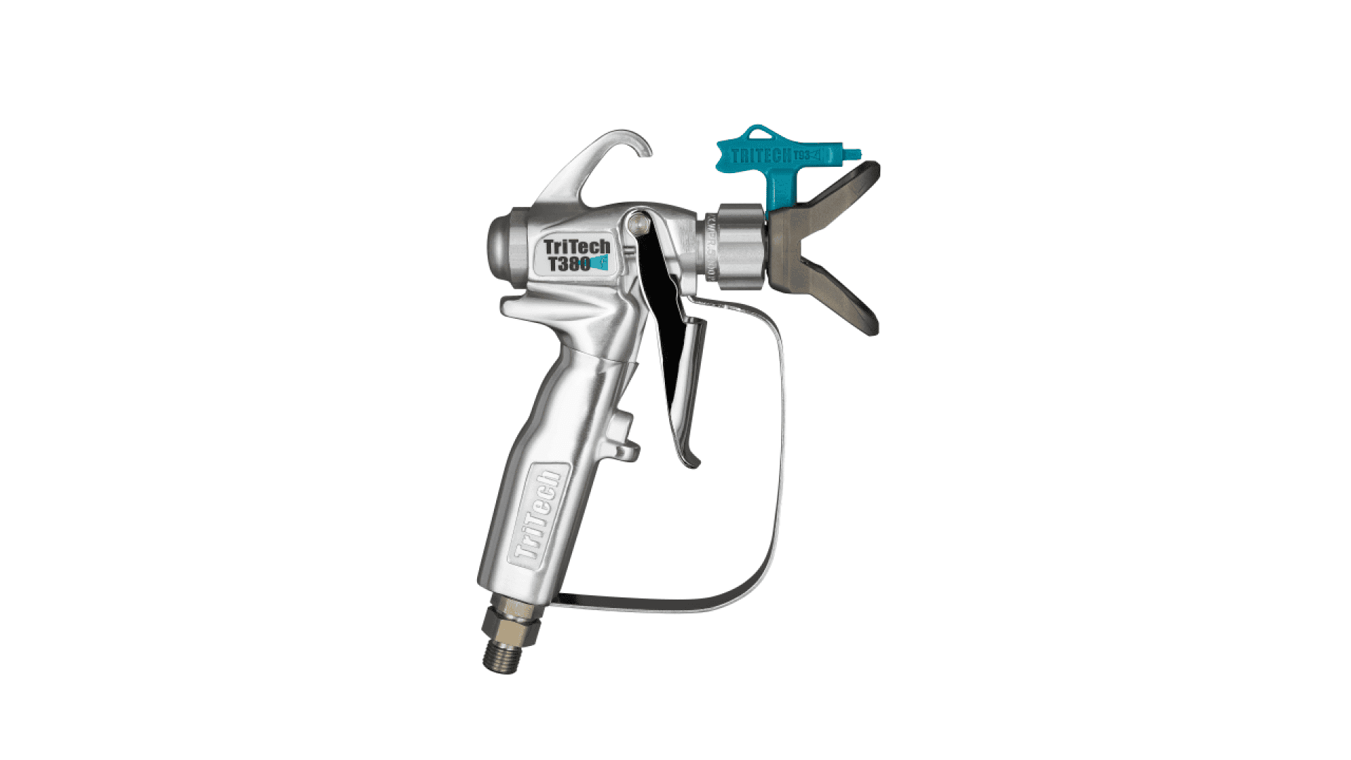Eine silberne TriTech T380-Spritzpistole mit blauer Sprühspitze und schwarzem Abzug, abgebildet auf weißem Hintergrund.