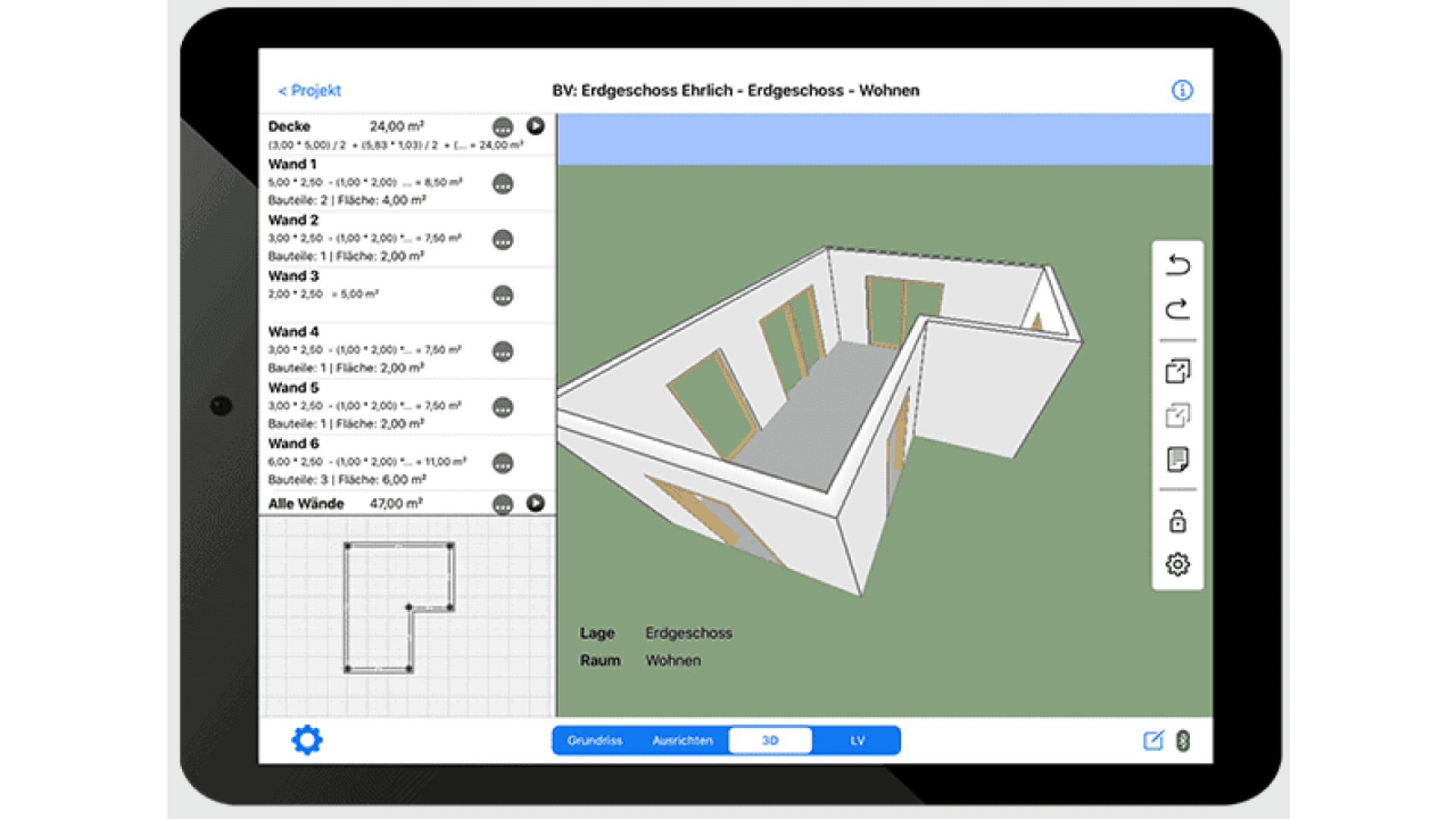 A tablet screen displays architectural design software with a 3D room model, wall measurements on the left, and floor plan at the bottom; interface buttons line the right and bottom edges.