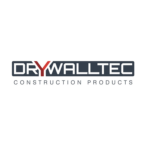Logo für DRYWALLTEC Construction Products auf weißem Hintergrund. Das Wort DRYWALLTEC steht in fetten, dunklen Buchstaben mit einem roten Y. Darunter steht CONSTRUCTION PRODUCTS in kleineren, etwas weiter auseinander stehenden Buchstaben.